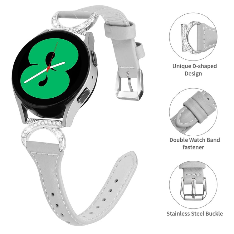 Fed Ægte Læder Og Rhinsten Universal Rem passer til Samsung Smartwatch - Sølv#serie_3