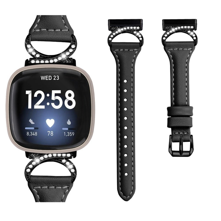 Cool Ægte Læder Og Rhinsten Universal Rem passer til Fitbit Smartwatch - Sort#serie_1