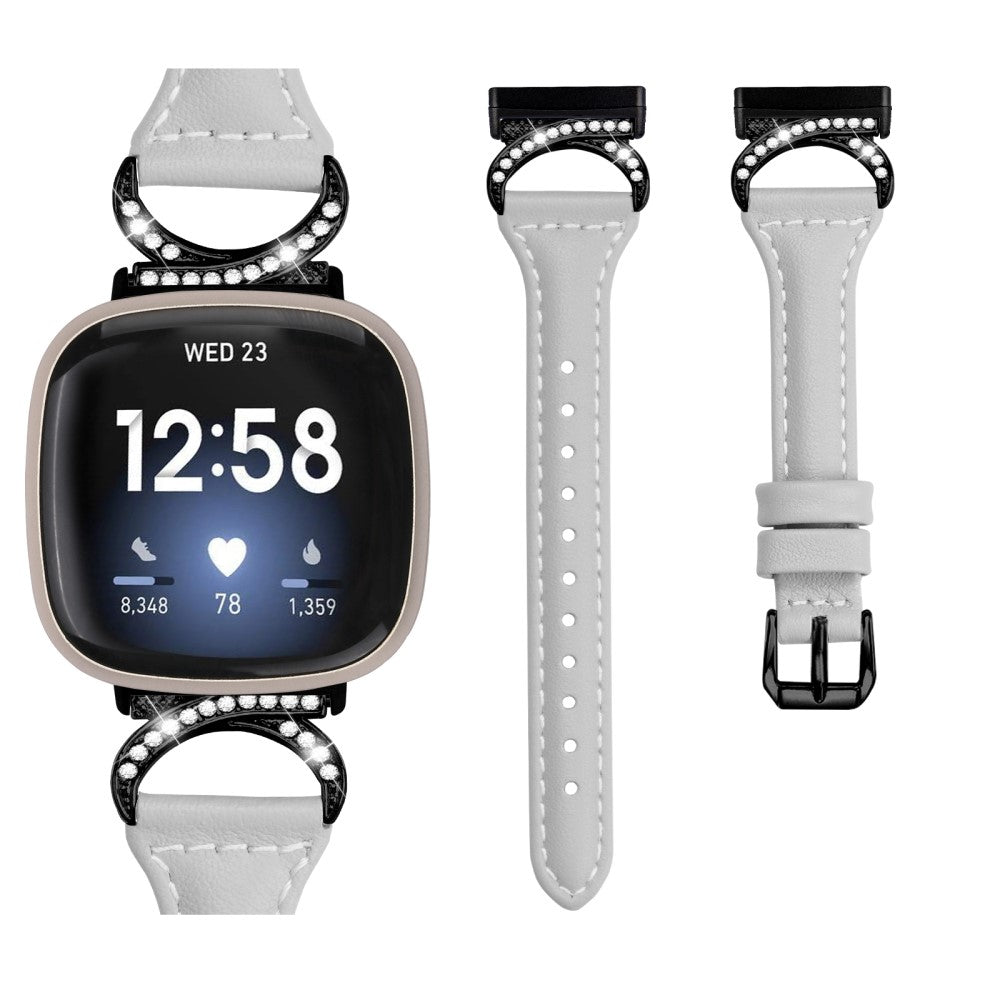 Cool Ægte Læder Og Rhinsten Universal Rem passer til Fitbit Smartwatch - Sølv#serie_3