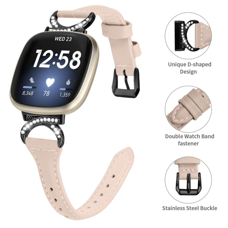 Cool Ægte Læder Og Rhinsten Universal Rem passer til Fitbit Smartwatch - Beige#serie_5