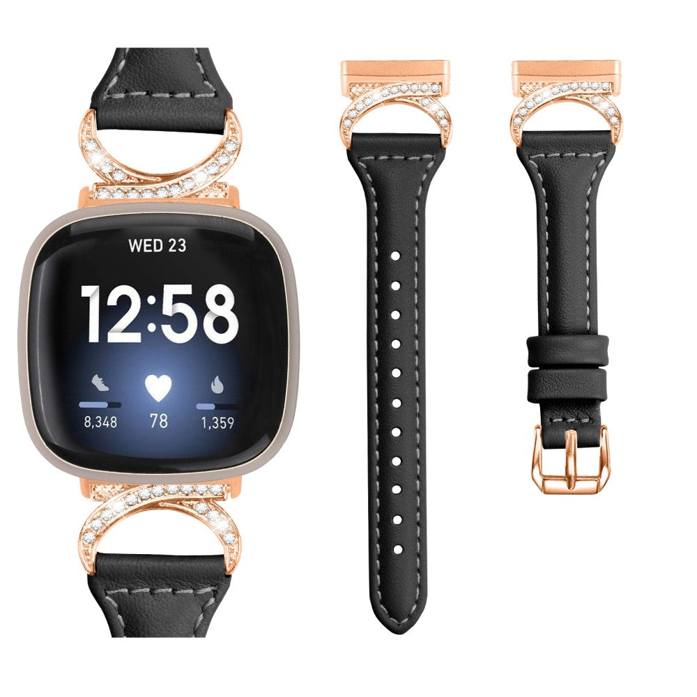 Kønt Ægte Læder Og Rhinsten Universal Rem passer til Fitbit Smartwatch - Sort#serie_1