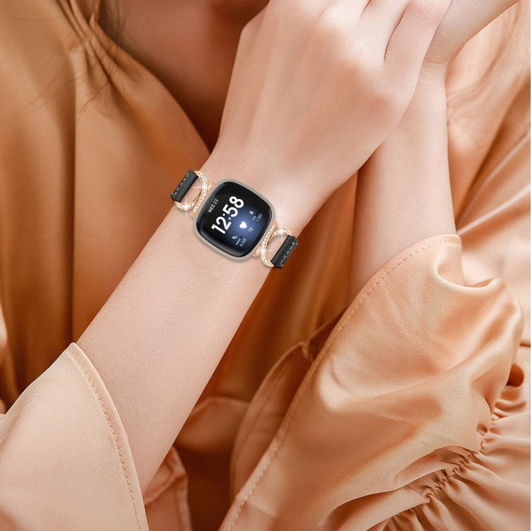Kønt Ægte Læder Og Rhinsten Universal Rem passer til Fitbit Smartwatch - Sort#serie_1