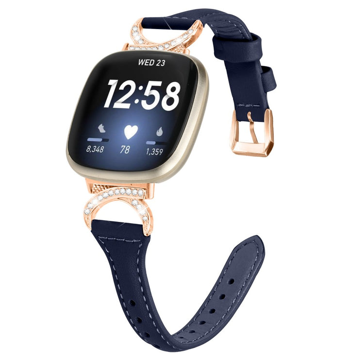 Kønt Ægte Læder Og Rhinsten Universal Rem passer til Fitbit Smartwatch - Blå#serie_2
