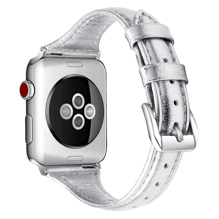 Meget fantastisk Apple Watch Series 7 41mm Ægte læder Rem - Størrelse: L - Sølv#serie_12