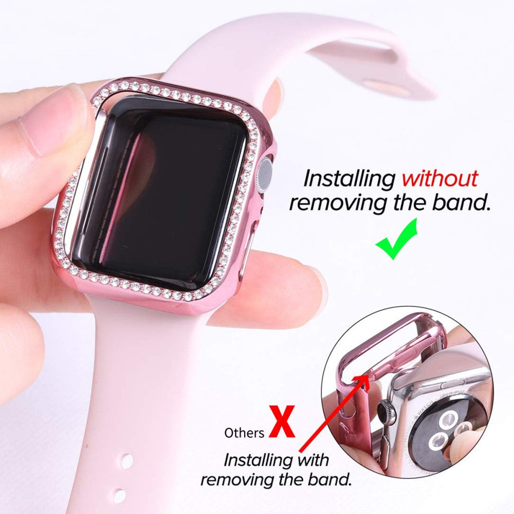 Beskyttende Apple Watch Series 7 41mm Cover med Skærmbeskytter i Plastik og Rhinsten - Pink#serie_5