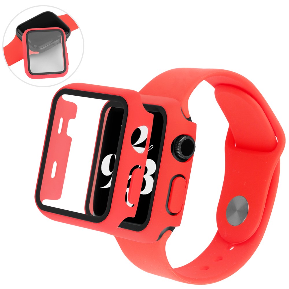 Meget Fint Apple Watch Series 7 45mm Cover med Skærmbeskytter i Plastik og Hærdet Glas - Rød#serie_3