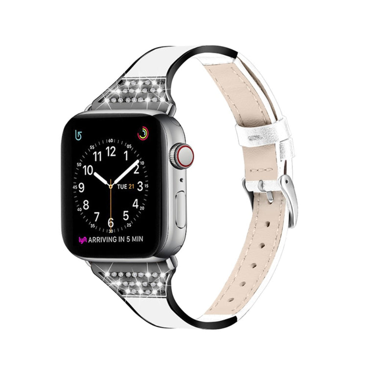 Pænt Apple Watch Series 7 45mm Ægte læder og Rhinsten Rem - Hvid#serie_1