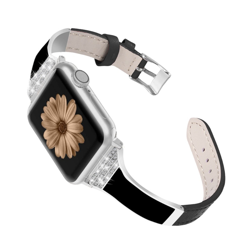 Pænt Apple Watch Series 7 45mm Ægte læder og Rhinsten Rem - Sort#serie_2