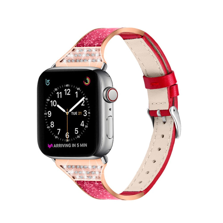 Pænt Apple Watch Series 7 45mm Ægte læder og Rhinsten Rem - Rød#serie_3