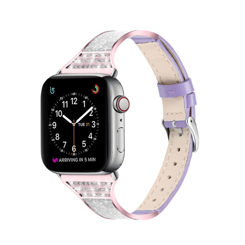 Pænt Apple Watch Series 7 45mm Ægte læder og Rhinsten Rem - Lilla#serie_4