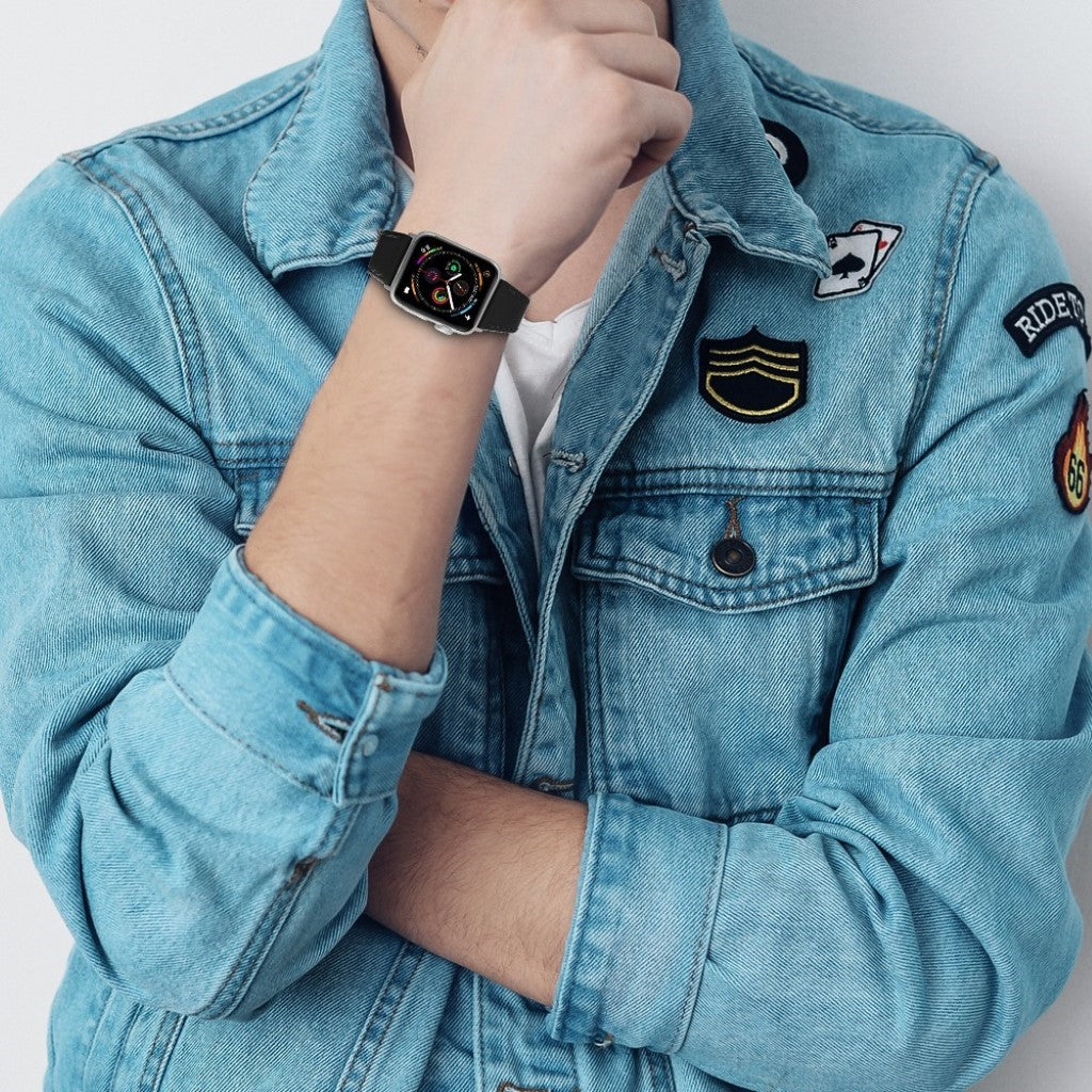 Mega slidstærk Apple Watch Series 1-3 42mm Ægte læder Rem - Sort#serie_1