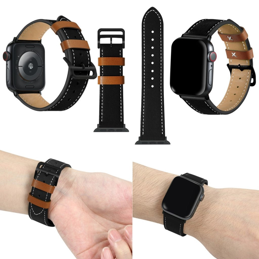  Apple Watch Series 5 40mm / Apple Watch 40mm Ægte læder Rem - Sort#serie_2