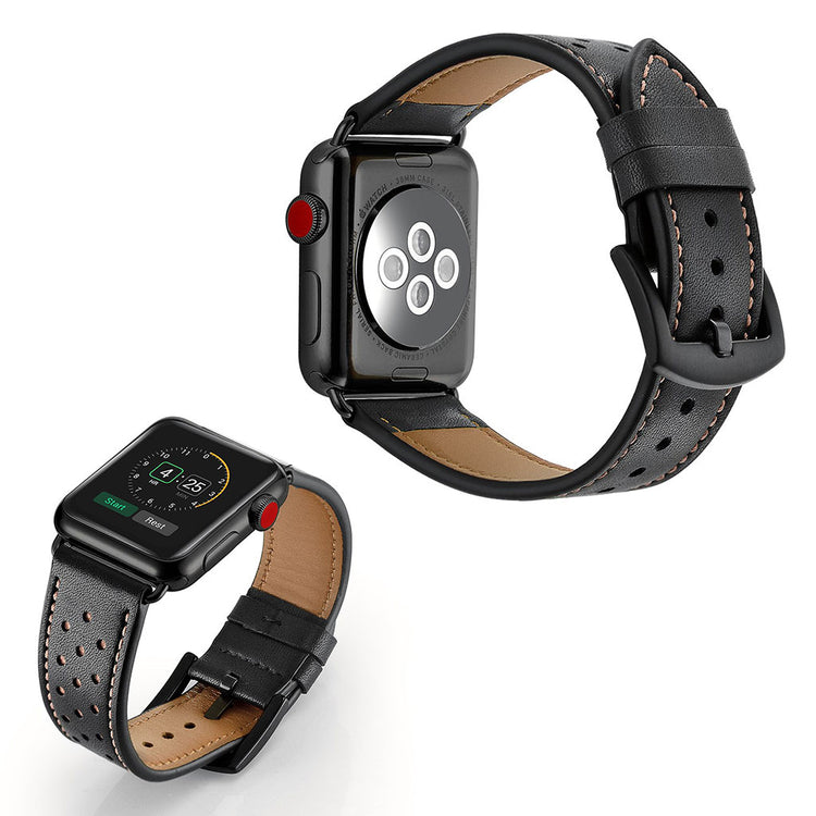  Apple Watch Series 5 44mm / Apple Watch 44mm Ægte læder Rem - Sort#serie_4