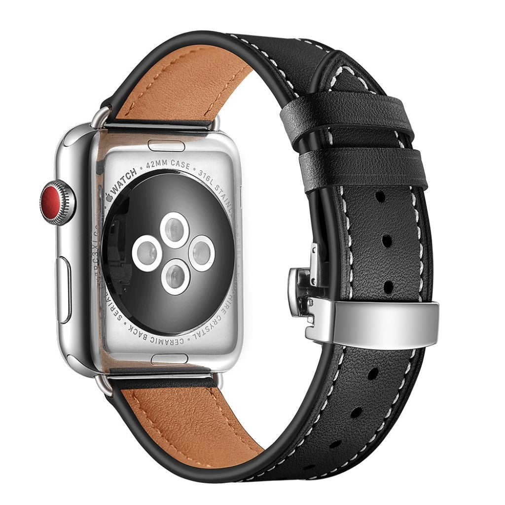  Apple Watch Series 5 44mm / Apple Watch 44mm Ægte læder Rem - Sort#serie_15