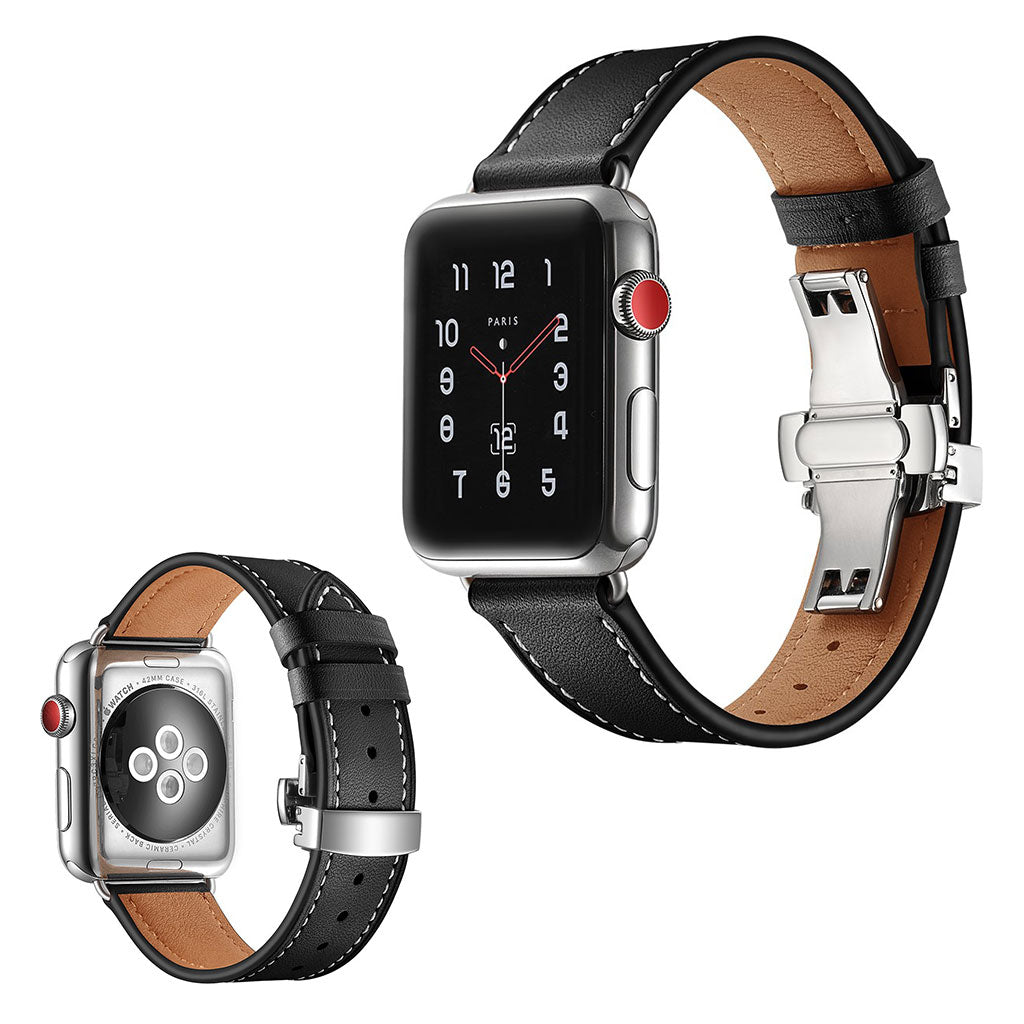  Apple Watch Series 5 44mm / Apple Watch 44mm Ægte læder Rem - Sort#serie_15