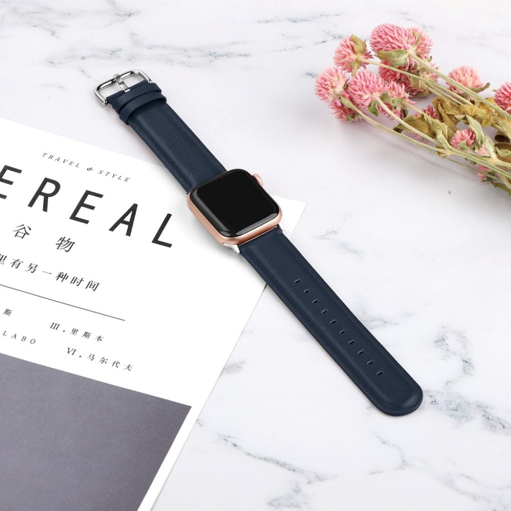 Mega smuk Apple Watch Series 5 44mm Ægte læder Rem - Blå#serie_6