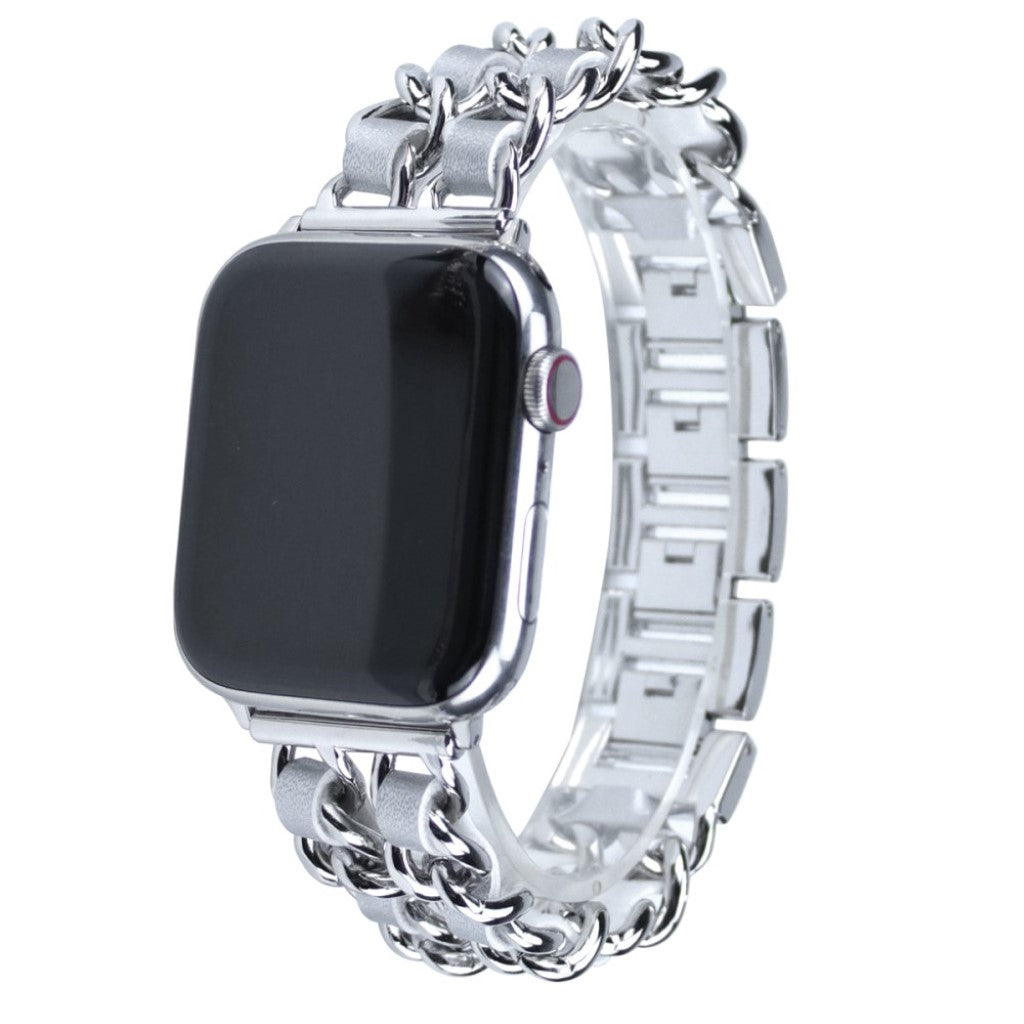  Apple Watch Series 5 44mm / Apple Watch 44mm Metal og Kunstlæder Rem - Sølv#serie_2