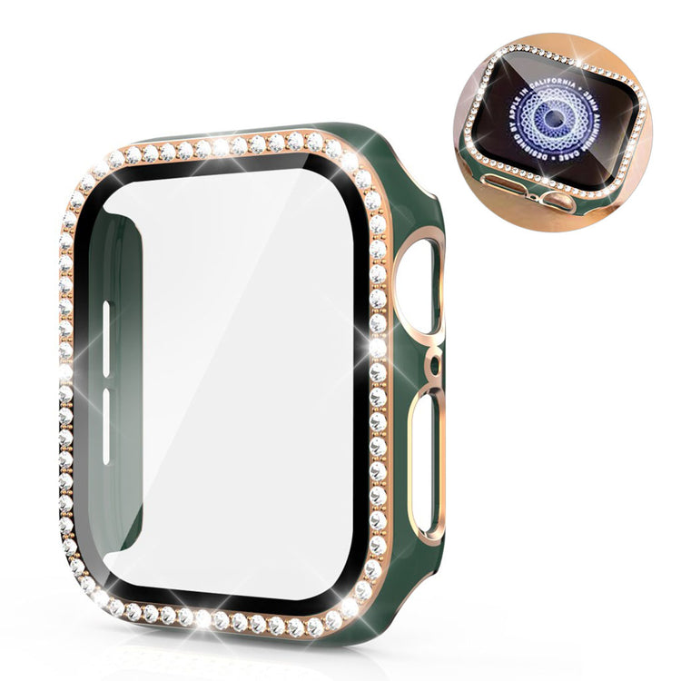 Meget Fed Apple Watch 44mm Cover med Skærmbeskytter i Plastik, Rhinsten og Hærdet Glas - Grøn#serie_1