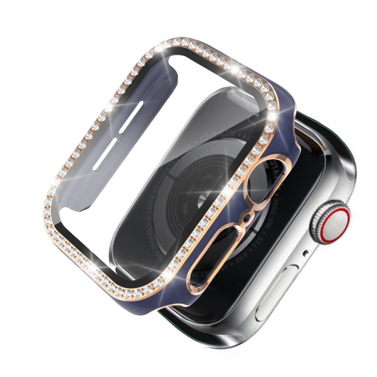 Meget Fed Apple Watch 44mm Cover med Skærmbeskytter i Plastik, Rhinsten og Hærdet Glas - Blå#serie_10