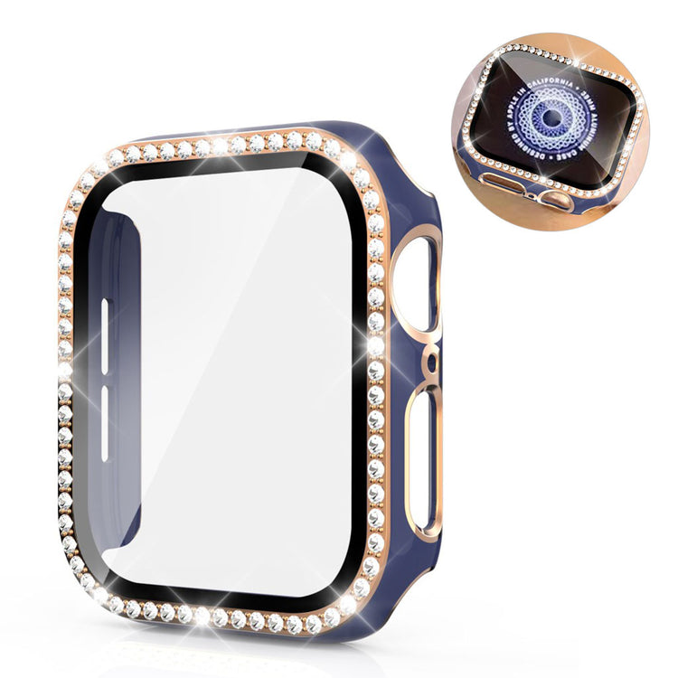 Meget Fed Apple Watch 44mm Cover med Skærmbeskytter i Plastik, Rhinsten og Hærdet Glas - Blå#serie_10