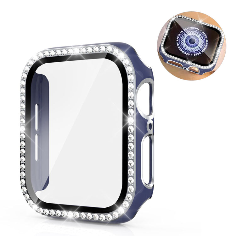 Meget Fed Apple Watch 44mm Cover med Skærmbeskytter i Plastik, Rhinsten og Hærdet Glas - Blå#serie_11