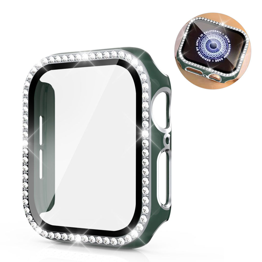 Meget Fed Apple Watch 44mm Cover med Skærmbeskytter i Plastik, Rhinsten og Hærdet Glas - Grøn#serie_12