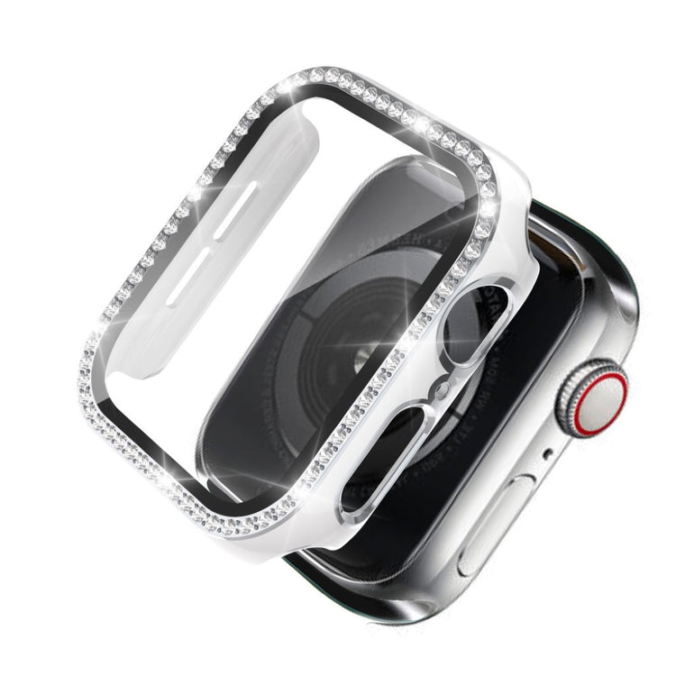 Meget Fed Apple Watch 44mm Cover med Skærmbeskytter i Plastik, Rhinsten og Hærdet Glas - Hvid#serie_3