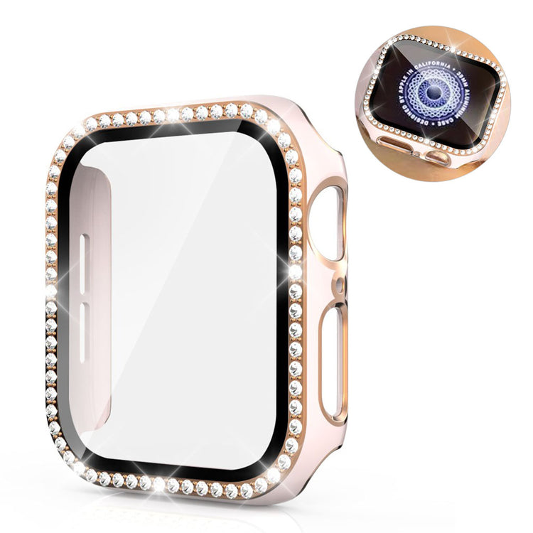 Meget Fed Apple Watch 44mm Cover med Skærmbeskytter i Plastik, Rhinsten og Hærdet Glas - Pink#serie_4