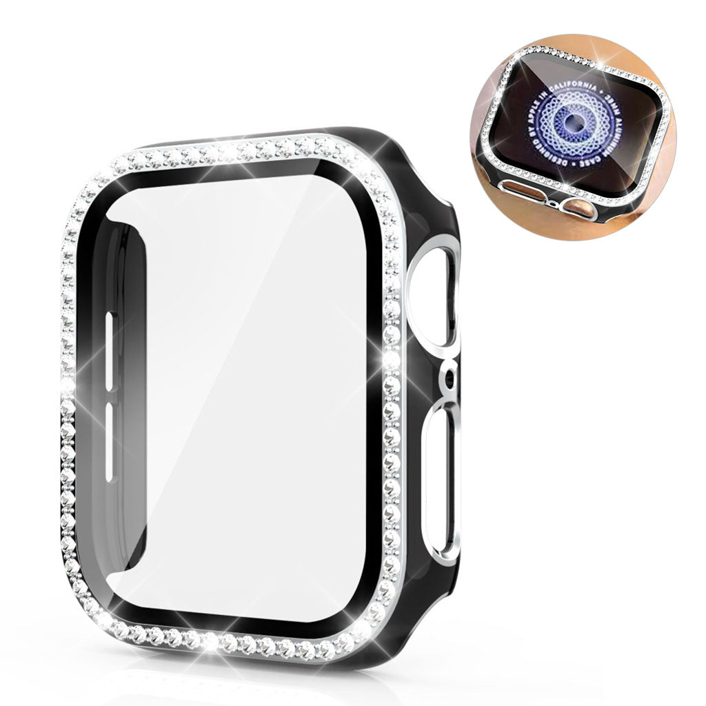 Meget Fed Apple Watch 44mm Cover med Skærmbeskytter i Plastik, Rhinsten og Hærdet Glas - Sort#serie_7