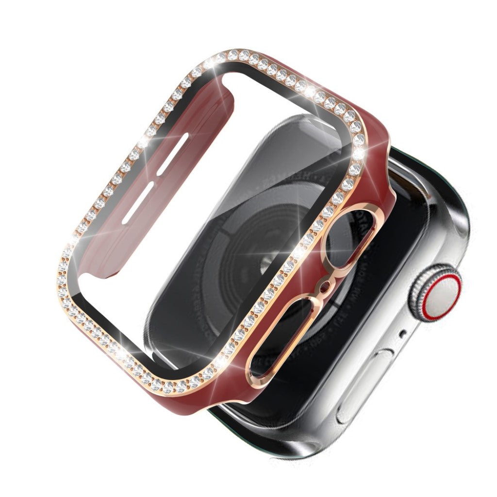 Meget Fed Apple Watch 44mm Cover med Skærmbeskytter i Plastik, Rhinsten og Hærdet Glas - Rød#serie_8