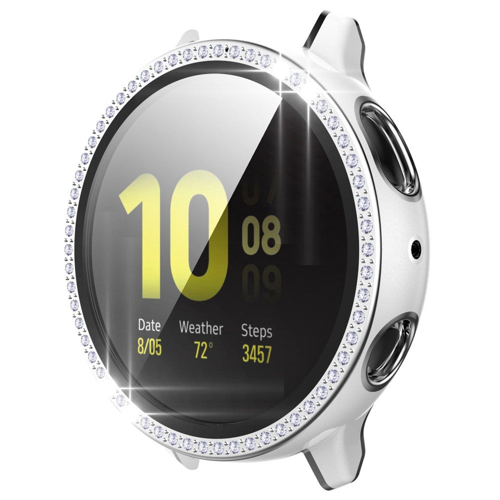Fint Samsung Galaxy Watch Active 2 - 44mm Cover med Skærmbeskytter i Plastik, Rhinsten og Hærdet Glas - Sølv#serie_1
