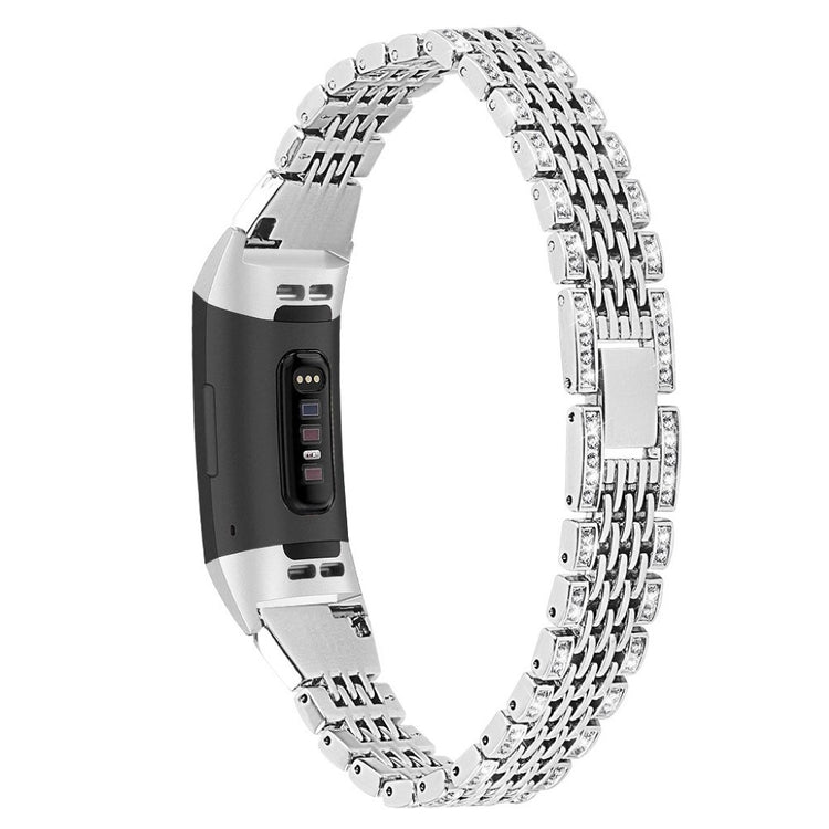 Fed Fitbit Charge 4 / Fitbit Charge 3 Metal og Rhinsten Rem - Sølv#serie_2