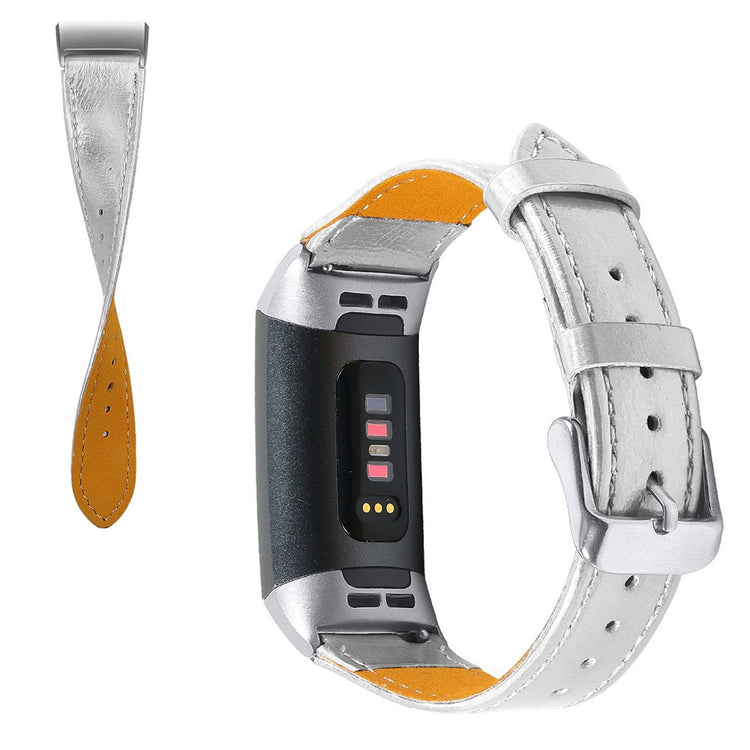 Tidsløst Fitbit Charge 4 / Fitbit Charge 3 Ægte læder Rem - Sølv#serie_10