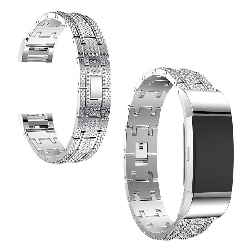 Super smuk Fitbit Charge 2 Metal og Rhinsten Rem - Sølv#serie_2