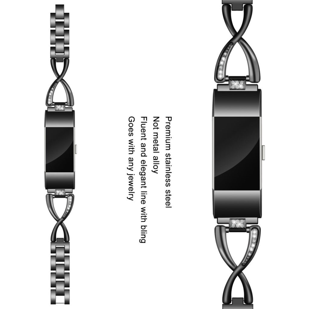 Mega fint Fitbit Charge 2 Metal og Rhinsten Rem - Sort#serie_2