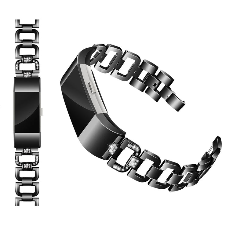 Super skøn Fitbit Charge 2 Metal og Rhinsten Rem - Sort#serie_2