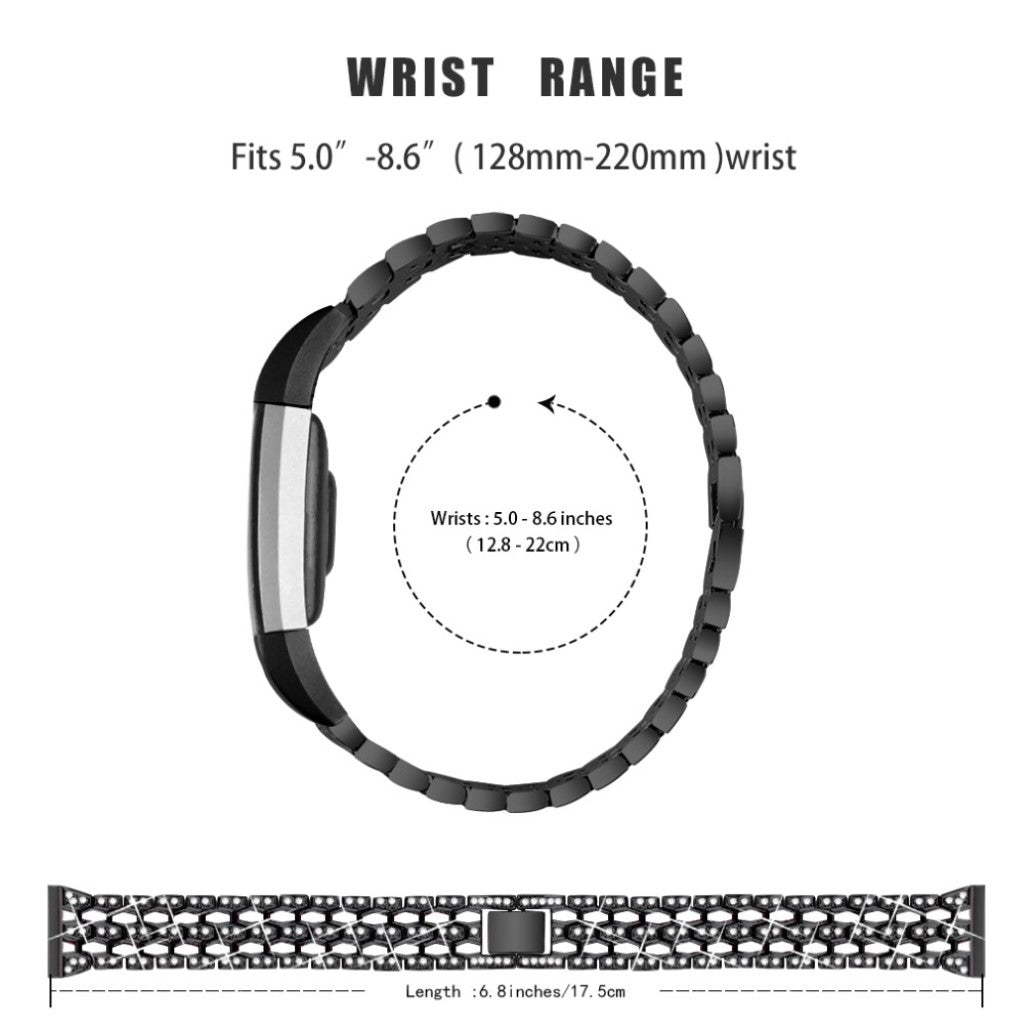 Vildt slidstærk Fitbit Charge 2 Metal og Rhinsten Rem - Sort#serie_1