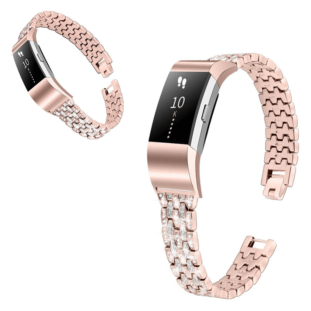 Vildt slidstærk Fitbit Charge 2 Metal og Rhinsten Rem - Pink#serie_2