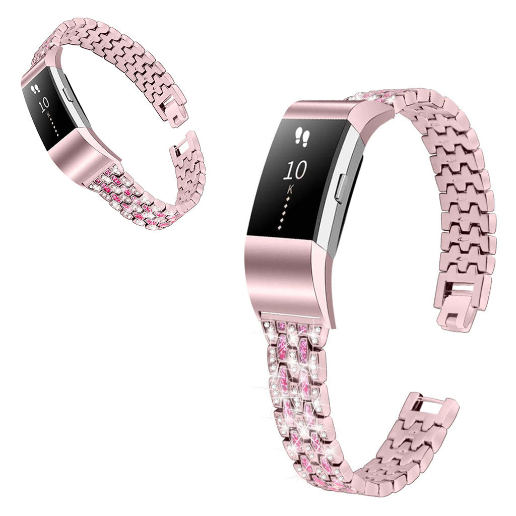 Vildt slidstærk Fitbit Charge 2 Metal og Rhinsten Rem - Pink#serie_3