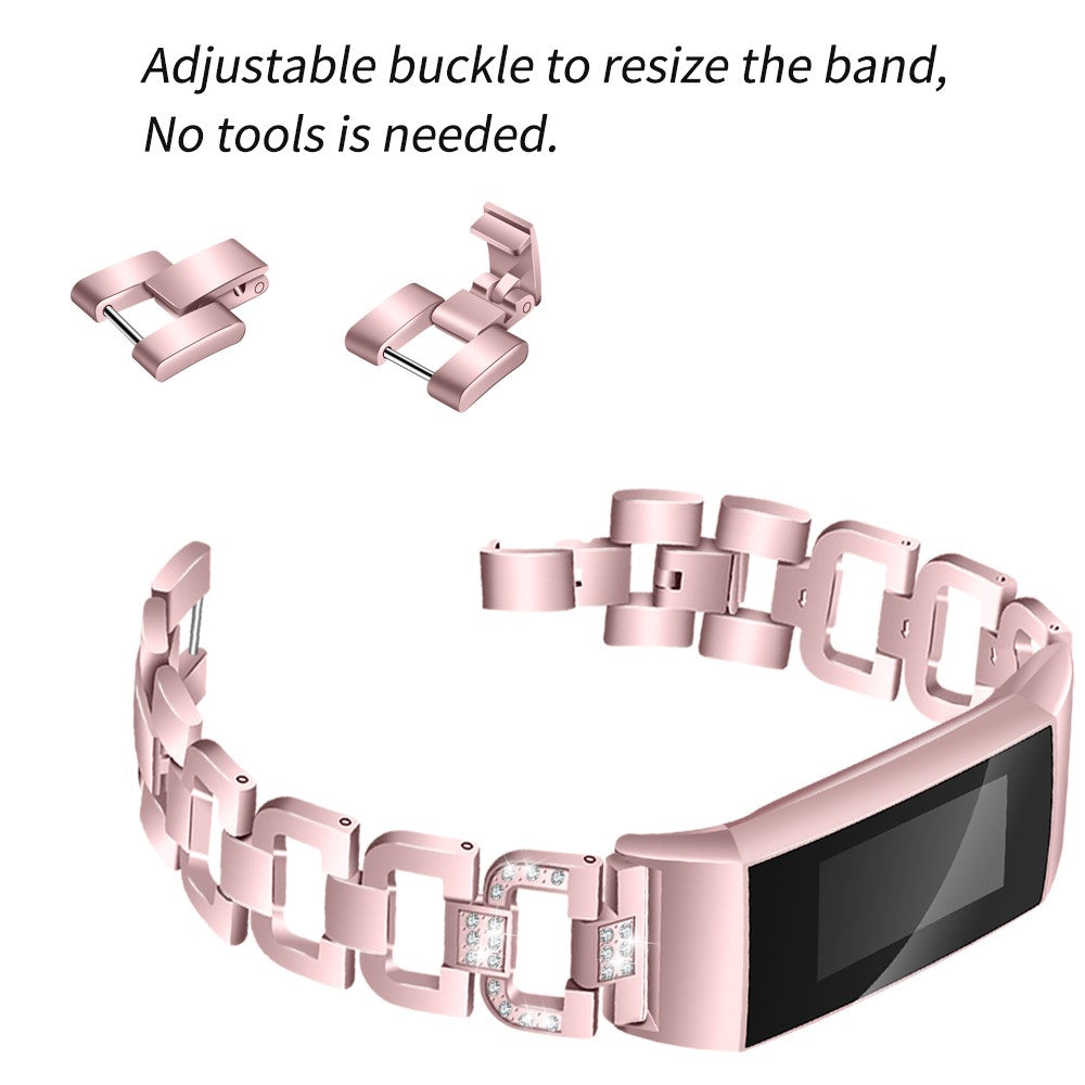 Mega hårdfør Fitbit Charge 3 Metal og Rhinsten Rem - Pink#serie_3