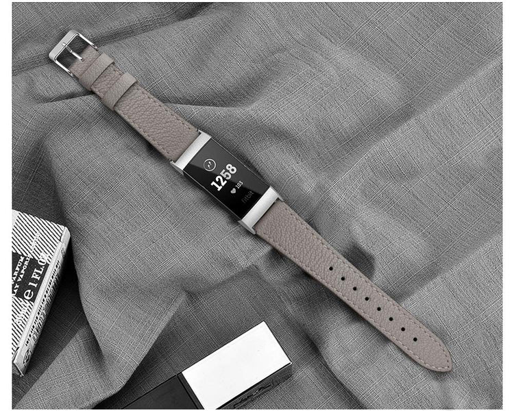 Rigtigt holdbart Fitbit Charge 3 Ægte læder Rem - Sølv#serie_5