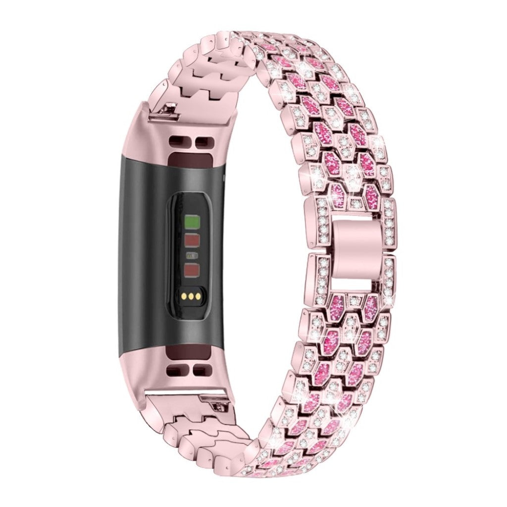 Super hårdfør Fitbit Charge 3 Metal og Rhinsten Rem - Pink#serie_3