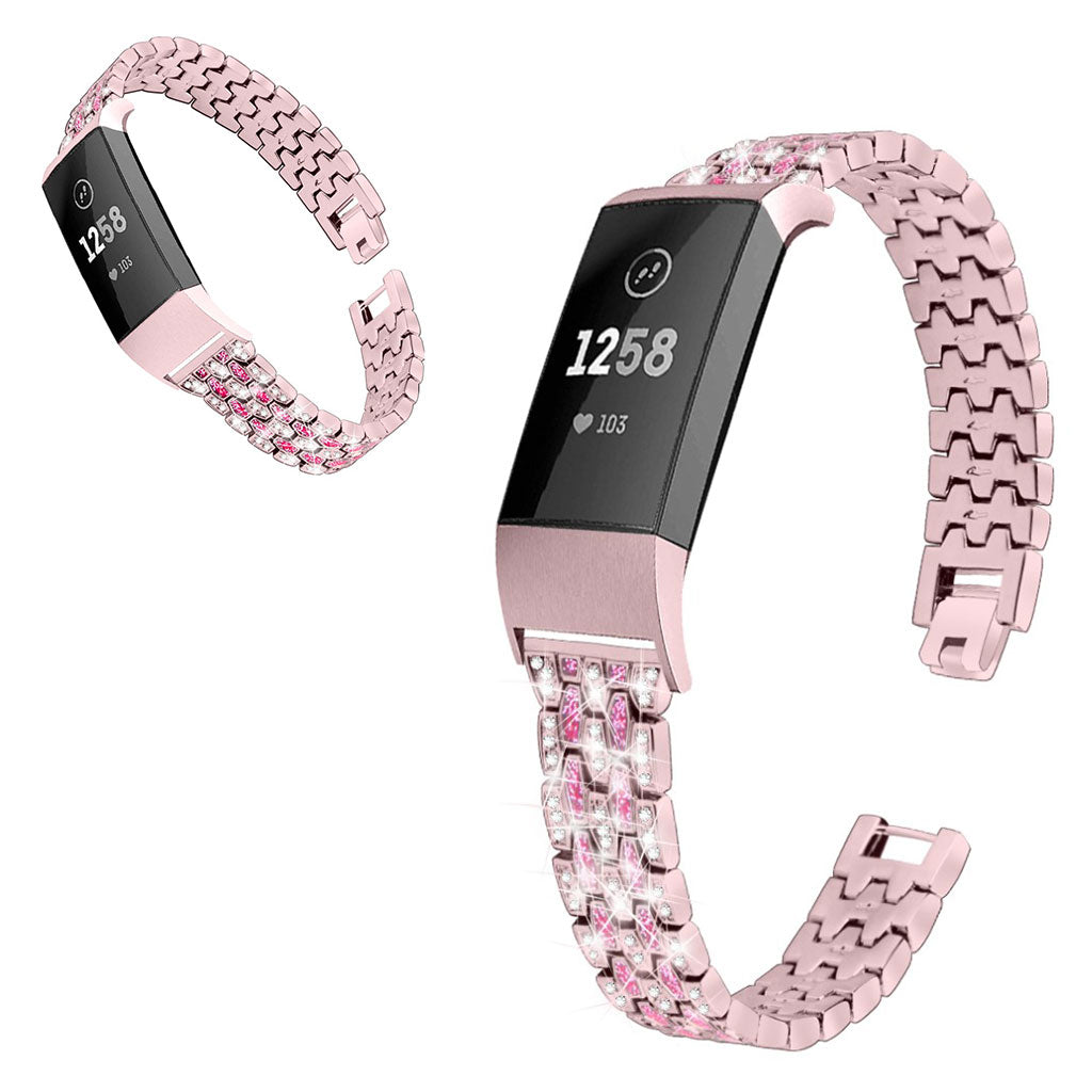 Super hårdfør Fitbit Charge 3 Metal og Rhinsten Rem - Pink#serie_3