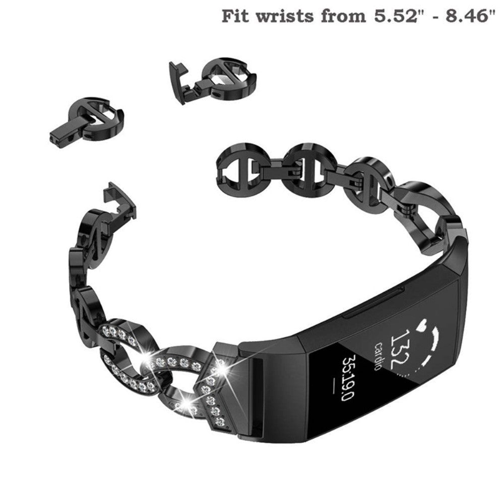 Fed Fitbit Charge 4 / Fitbit Charge 3 Metal og Rhinsten Rem - Sort#serie_1