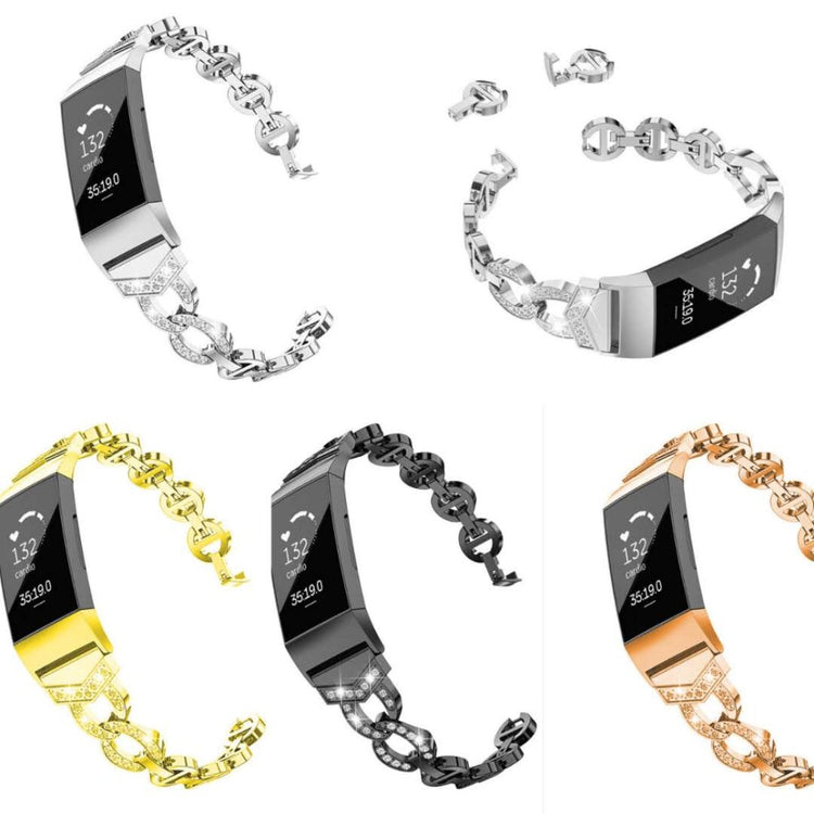 Fed Fitbit Charge 4 / Fitbit Charge 3 Metal og Rhinsten Rem - Sølv#serie_4