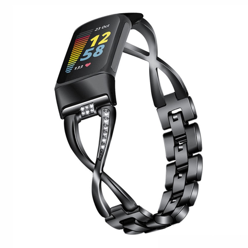 Fed Fitbit Charge 4 / Fitbit Charge 3 Metal og Rhinsten Rem - Sort#serie_3