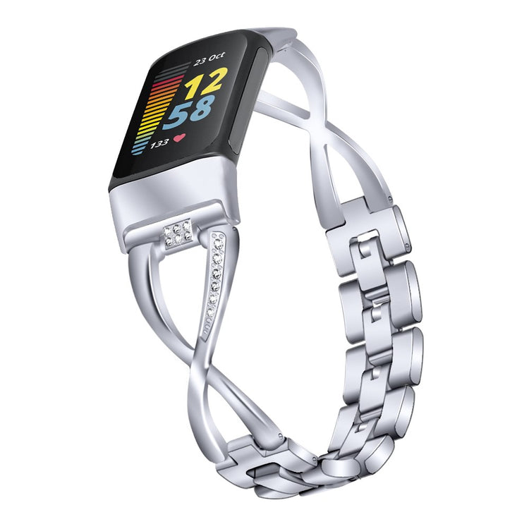 Fed Fitbit Charge 4 / Fitbit Charge 3 Metal og Rhinsten Rem - Sølv#serie_5