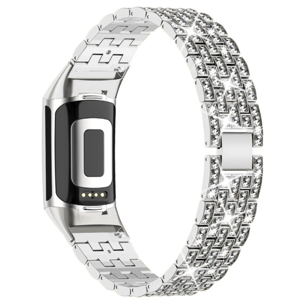 Fed Fitbit Charge 4 / Fitbit Charge 3 Metal og Rhinsten Rem - Sølv#serie_4