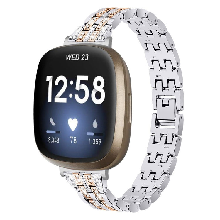 Kønt Fitbit Versa 3 / Fitbit Sense Metal og Rhinsten Rem - Sølv#serie_4