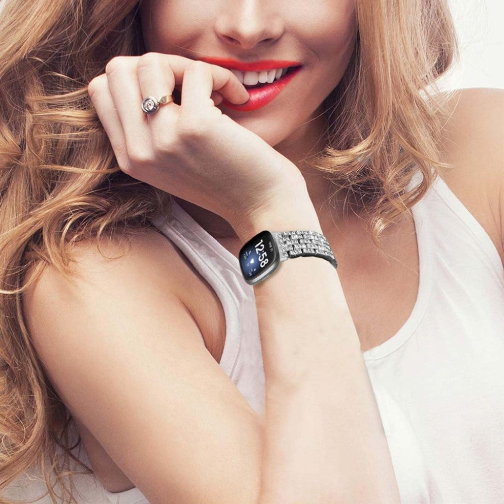 Smuk Fitbit Versa 3 / Fitbit Sense Metal og Rhinsten Rem - Sølv#serie_2